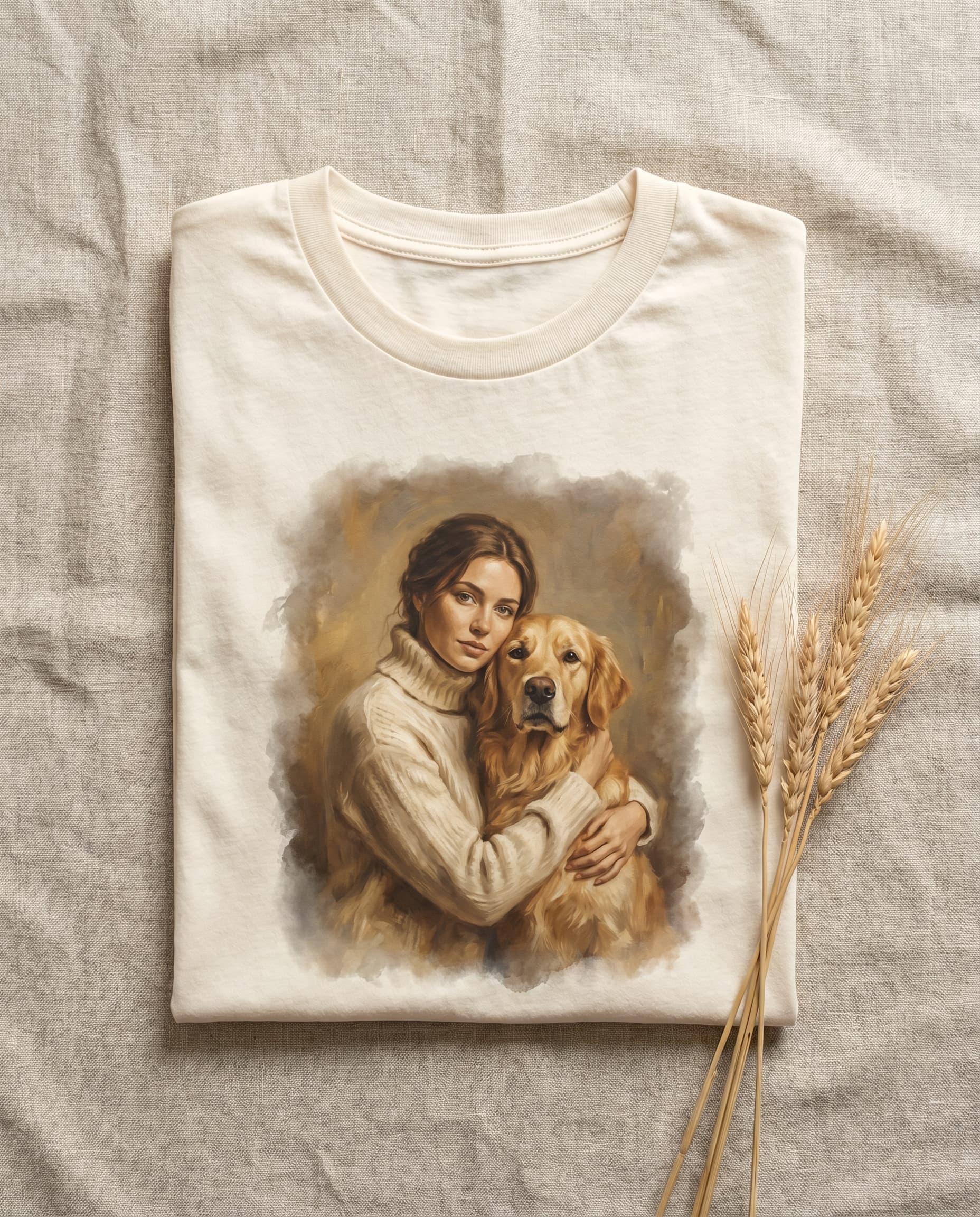 Bond portrait t-shirt flat lay with soft feathered edges