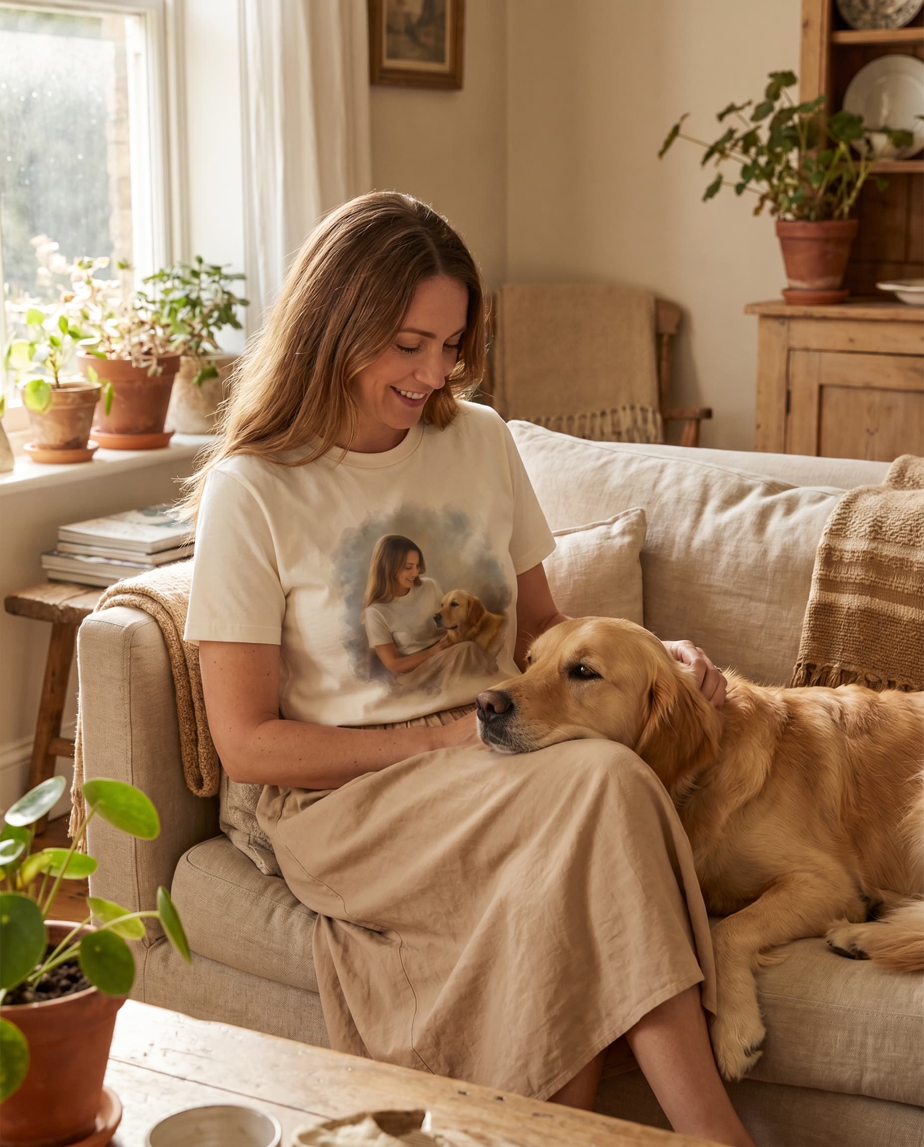 Wearing the bond portrait tee with her real pet — soft feathered print